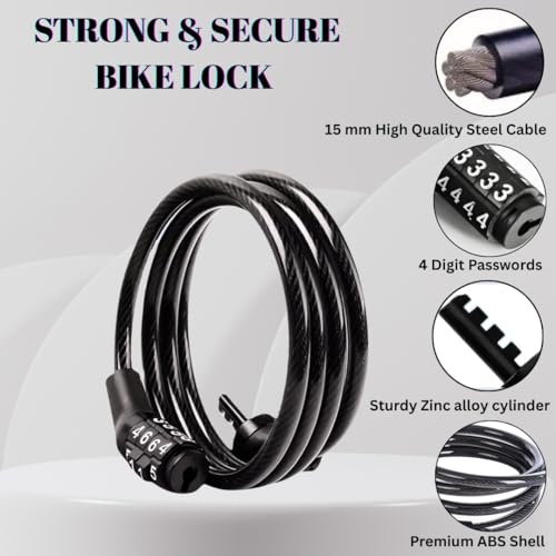 Image of DETACHI Bicycle Lock with 4 Digit Combination Anti Theft Steel Cable Lock for Cycle, Bike & Scooter Heavy Duty Security Lock