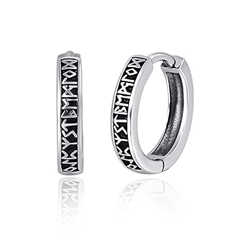 PRAYMOS 925 Sterling Silver Black Hoop Earrings Men Engraved Nordic Runes Earrings Hypoallergenic Huggie Hoop Earrings