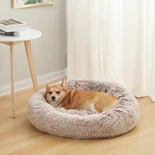 Image of Bedfolks Calming Donut Dog Bed - 30 inch Round Plush for Medium Dogs, Anti-Anxiety, Machine Washable (Brown, Medium)