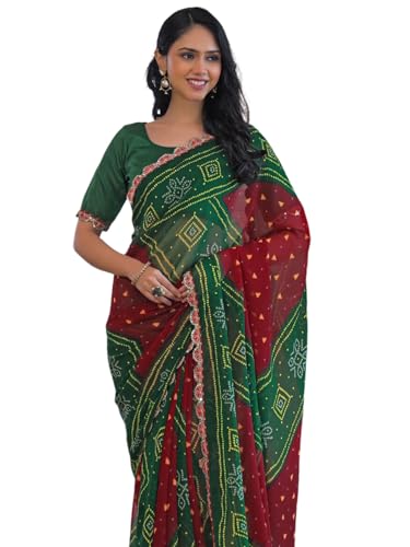 Image of SIRIL Women's Bandhani Printed Embroidery Georgette Saree with Unstitched Blouse Piece