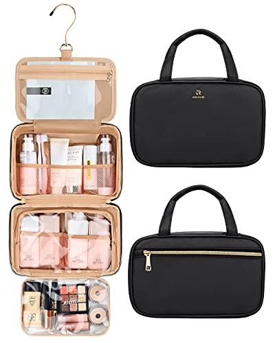 Toiletry Bag, Relavel Travel Hanging Toiletry Bag for Men and Women, Leather Water-resistant Makeup Cosmetic Bag Travel Organizer for Toiletries, Shampoo, Full Sized Container Travel Bag (Medium, Black)