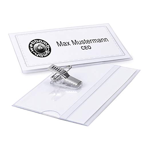 WEBBOMB - Lote de 50 fundas de plástico para nombre, para ropa, tarjetas de visita, tarjetas de nombre, con clip y pinza, soporte para tarjeta de identificación, 50 unidades, transparente Cover
