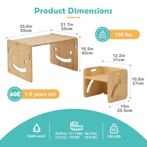 FUNLIO Montessori Höhenverstellbares kindertisch mit 2 stühlen für 1-3 Jährige, hochwertiger Massivholz Kinder Tisch Stuhl Set, zum Lesen/Essen/Spielen, einfach aufzubauen - Quadratischer Tisch