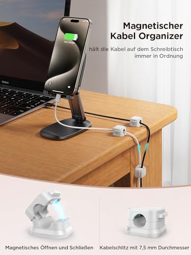 JOYROOM 6 Stück Kabelhalter Kabelclips Verstellbare Kabel Organizer Magnetische Kabelmanagement Selbstklebend Kabelhalter für Schreibtisch, Nachttisch, Ladekabeln, HDMI, USB, Audiokabel, Weiß