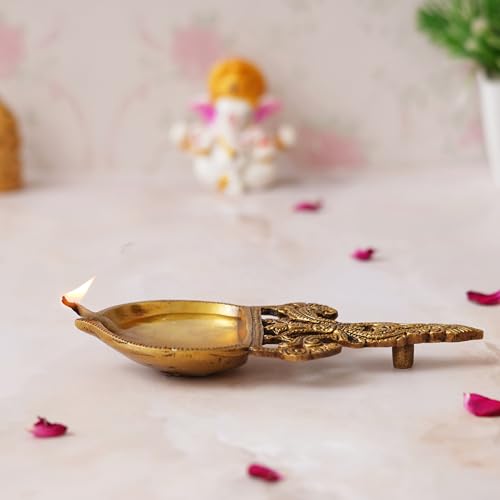 Image of eCraftIndia Golden Ethnic Design Brass Diya with Handle - Ideal for Home Temple for Ganesh Chaturthi, Navaratri, Diwali