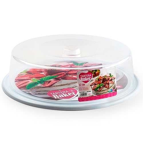 Tradineur - Boîte ronde en plastique, couvercle transparent, récipient pour transporter gâteaux, desserts, aliments, fabriquée en Espagne (base blanche, Ø 32 cm)