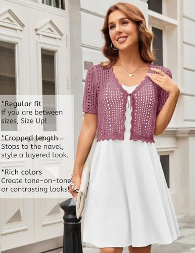 Image of Kate Kasin Women Crochet Shrug Knit Sweater, Short Sleeve Cropped Cardigan | Tie Front Tops Light Weight, Knit Cover Up Arm Bolero For Evening Dresses Dressy Casual, Ladies Eyelet Shawl Thin Formal