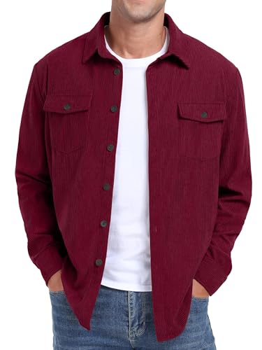 QIXING Men's Corduroy Button Down Shirts Long Sleeve Shacket Trucker Jacket Autumn Winter Coats with Flap Pockets (Wine Red, L) - Image 2