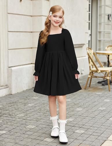 Arshiner Girls Long Sleeve Smocked Skater Fall Winter Elegant Dress with Pockets2