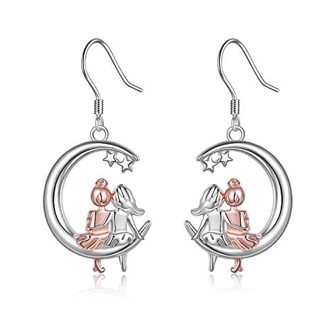 Pendientes colgantes de luna para mujer, plata de ley 925, diseño de hermanas, hipoalergénicos Cover