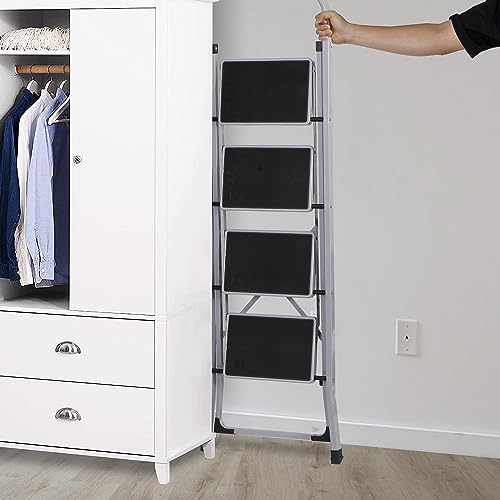 JungleA Step Ladder, Folding 4 Step Stool Ladder for Adult, w/Wide Anti-Slip Pedal, 330 lbs Load Capacity, Foldable Portable Sturdy Lightweight Tall Ladder for Closet, Kitchen, Office & Home, Grey