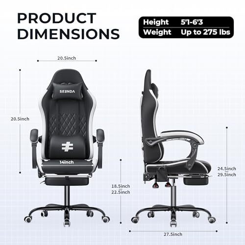 seenda Fabric Gaming Chair with Footrest, Ergonomic Computer Chairs with Reclining Backrest, Massage Lumbar Support and Adjustable Height for Teenages Adults up to 275lbs/125kg, Home and Office, Black - Image 3
