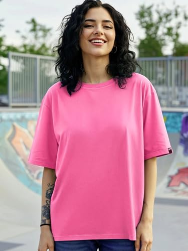 Image of Bewakoof Women's Solid Oversized Fit Half Sleeve Round Neck Cotton Jersey T-Shirt