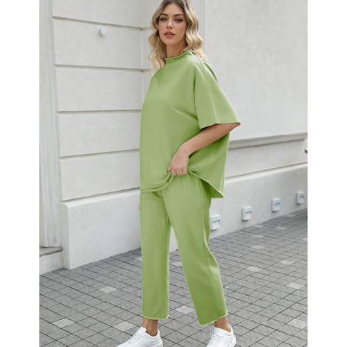 Image of SeeLuNa Women's Two Piece Outfits 3 /4 Batwing Sleeve Capelet Crew Neck Pullover Top Wide Leg Pants Lounge Set