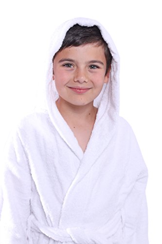 BAGNO MILANO Kids - Unisex Hooded Bathrobe  100% Organic Turkish Cotton - Boys - Girls Robe, Made in Turkey (Medium/Age 6-8, White)