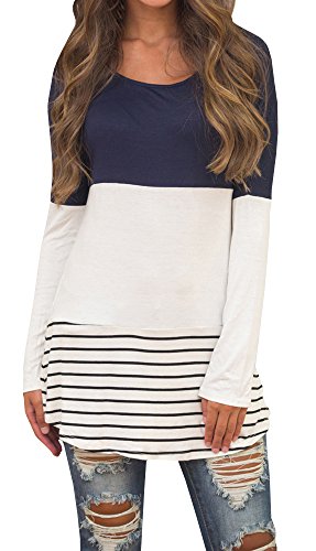 Chellysun Women's Color Block Lace Patchwork Long Sleeve Blouse Top Shirt Blue