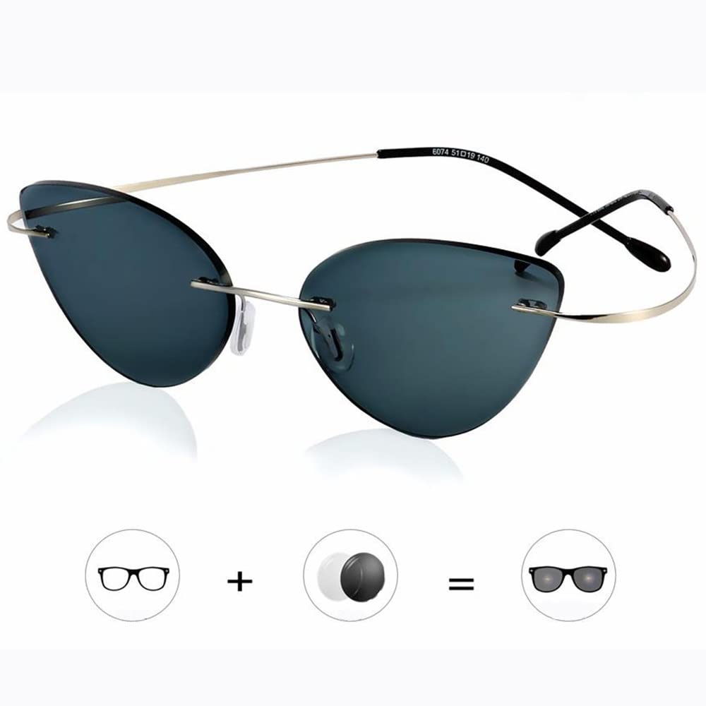 BULI Rimless Reading Glasses Cat Eye Sunglasses Transition Presbyopia  Glasses Women's Sun Reading Glasses Anti Glare (Color Silver, Size 