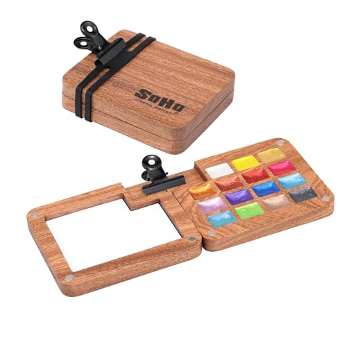 Soho Urban Artist Mini Wooden Travel Watercolor Palette of 15 Metallic Colors - Professional Watercolor Paint Set for Plein Air Artists, Semi-Moist Pans, Pocket