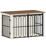HEXCELEN Hundekäfig-Möbel aus Holz, 100 cm Hundebox für Zuhause, Hundekäfig mit 2 Türen, Schiebetüren, für Kleine, Mittlere Hunde, Robuster, Beistelltisch, 100 x 60 x 62,4 cm, Weiß Braun