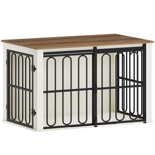 HEXCELEN Hundekäfig-Möbel aus Holz, 100 cm Hundebox für Zuhause, Hundekäfig mit 2 Türen, Schiebetüren, für Kleine, Mittlere Hunde, Robuster, Beistelltisch, 100 x 60 x 62,4 cm, Weiß Braun