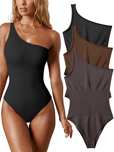 OQQ Women’s 3 Piece Bodysuits Sexy Ribbed One Shoulder Sleeveless Exercise Bodysuits