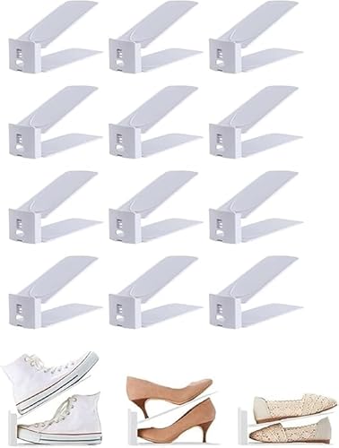 HYGRAD® 12 Pack Shoe Organiser Slots 3 Level Height Adjustable Shoe Organising Holders Space Saving For Shoes Suitable For All Shoes Shoe Rack Organiser (White)