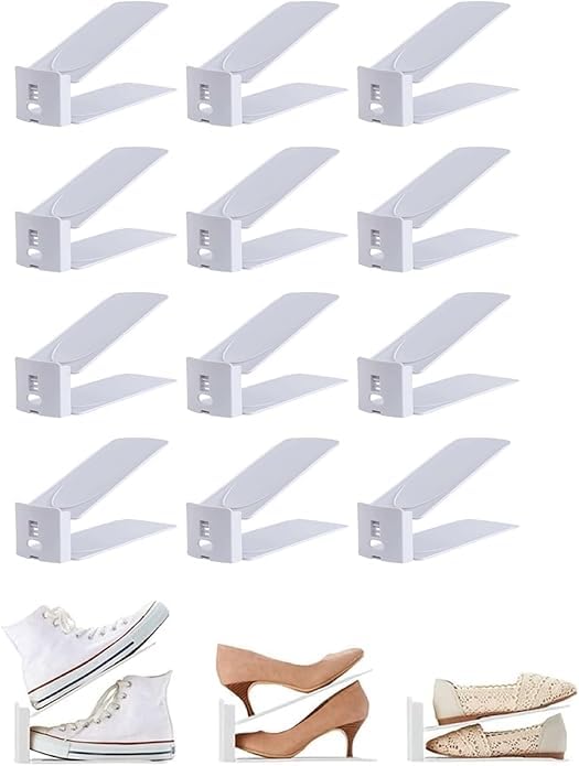 12PCS Shoe Stacker, 3-layer Adjustable Shoe Slot Organiser, Non-slip Shoes Holder Space Saving Storage Organiser for Wardrobe High Heels Slippers Sports Shoes Storage or Display (White)
