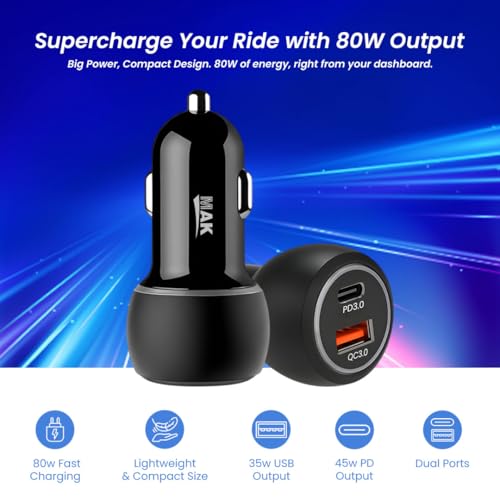 Image of MAK 80W Dual Port Fast Car Charger with Type-C & USB, LED Indicator, Metal Charging Adapter Compatible with iPhone, Samsung PD, PPS & Supports Dart, Dash, Warp, Vooc, SuperVooc 3.0 in Android (Black)