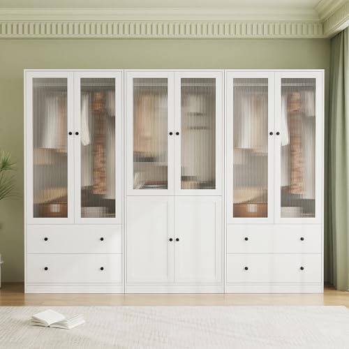 VOWNER Armoire 80 cm avec Portes en Verre Canelé, Armoire Penderie avec Barre de Suspension et Étagères, Armoire 4 Portes en Bois pour Chambre à Coucher, Blanc (BAB)