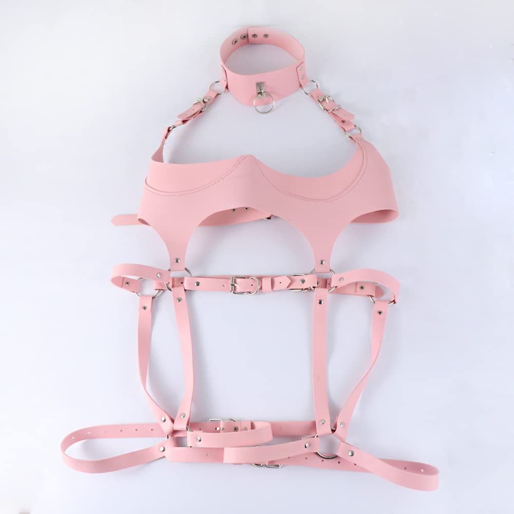 Arnés de piel rosa con cadena de cuerpo completo, lencería punk, cintura, liguero, chaleco, corsé, accesorios para mujeres y niñas, rosa, talla única, Rosado, talla única