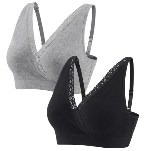 ZUMIY Sujetador de lactancia para maternidad, brasier de algodón sin varillas, cobertura completa, tirantes ajustables, ribete de encaje, Negro + gris, paquete de 2, L