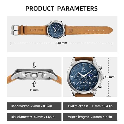 Image of BENYAR Men's Watches Waterproof Sport Military Watch for Men Multifunction Chronograph Black Fashion Quartz Wristwatches Calendar with Leather Strap