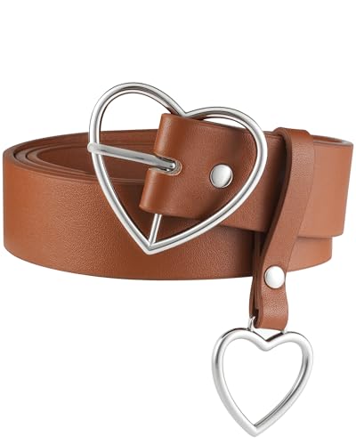 AWAYTR Women Leather Punk Waist Belt - Black PU Leather Body Adjustable Ladies Belts with Heart Buckle for Girls (Brown, Fits waist from 30