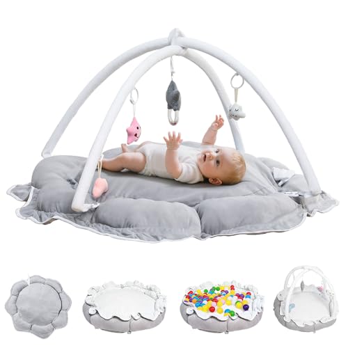 Image of 5-in-1 Baby Play Gym and Tummy Time Mat - Thick & Plush Baby Play Mat with 6 Sensory Toys, Convertible Activity Center for Newborn to Toddler, Ball Pit (No Balls Included) & Pet Cushion - Grey