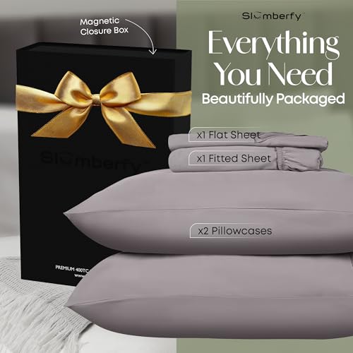 Image of Slumberfy 4-Piece 400 TC Viscose Derived from Bamboo Sheets, Full Size - 1 Fitted, 1 Flat, 2 Pillow Cases - Deep Pocket Cooling Viscose-Bamboo Bed Sheets in Magnetic Closure Gift Box, Grey