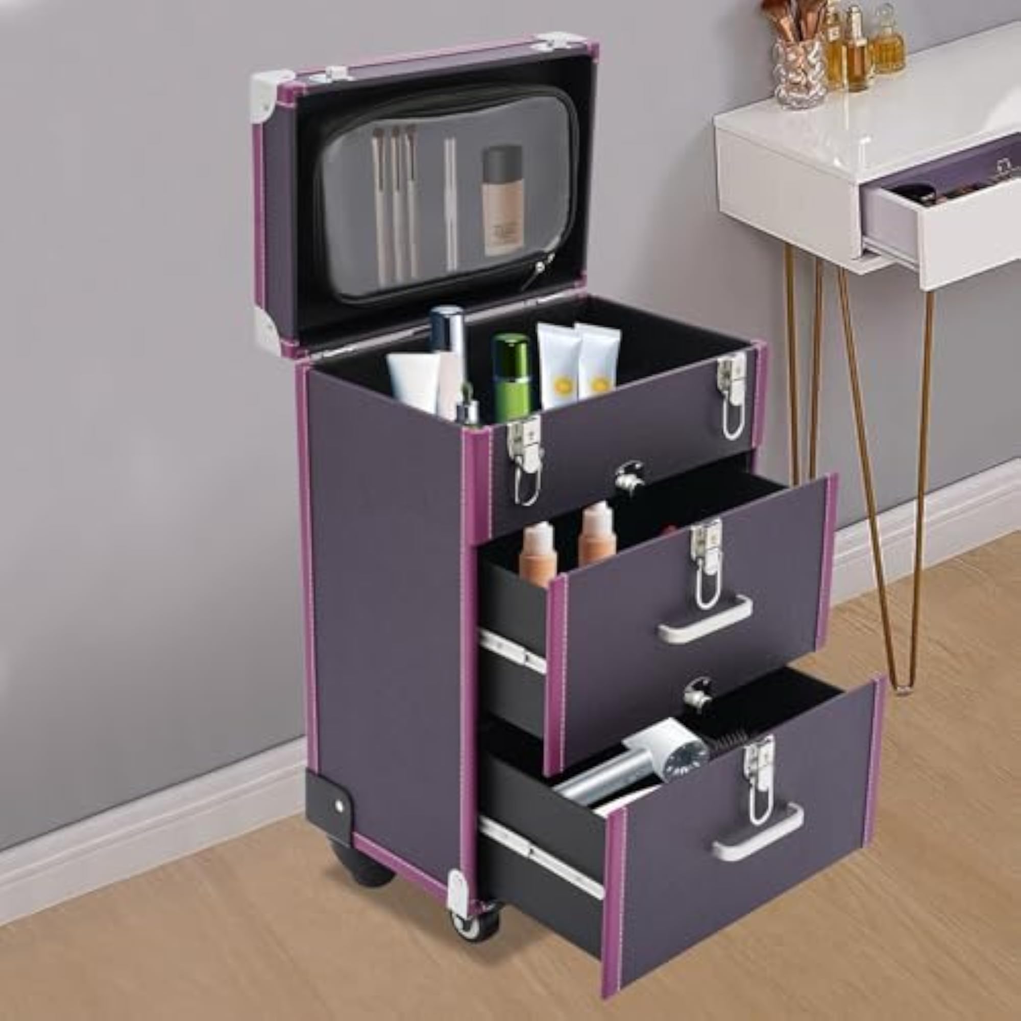 3-Tier Makeup Train Case, Nail Polish Organizer Trolley
