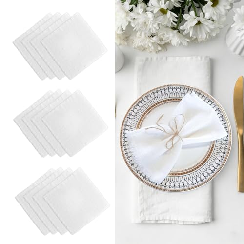 12 Stück Stoffservietten mit Fransen 32 x 32cm Leinenservietten Baumwolle Tischservietten Weiße Leinen Servietten für Tischdekoration Hochzeit Abendessen