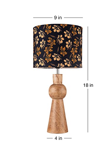 Image of Green Girgit Wooden Skirt Lamp with Multicolor Black Floral Shade