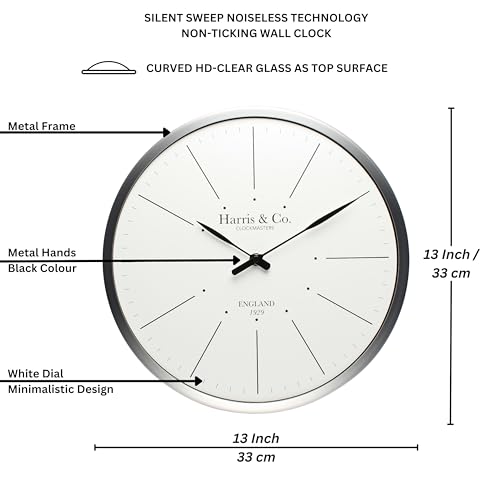HARRIS & CO. CLOCKMASTERS Premium Luxury Analog Wall Clock, Minimalist Design - 13 Inch (Metal Frame & Curved Glass)(Silent Sweep Noiseless Technology)(White)