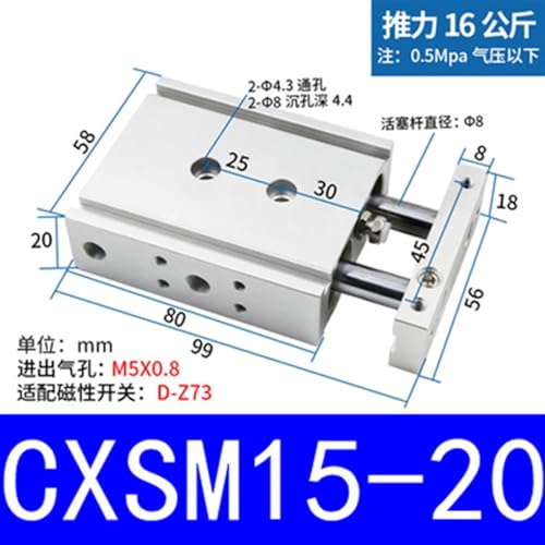 Cilindro de doble varilla tipo SMC con vástagos gemelos CXSM15-20 3