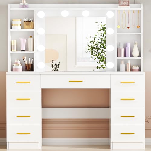 ANWBROAD Grande Coiffeuse avec Miroir et LED Éclairage, 3 Couleurs, Luminosité Réglable Table de Maquillage avec 9 Tiroirs et 6 Étagères Ouvertes 5 Crochets,...