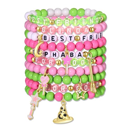 Pink Green Witch Bracelets Crown Witch Hat Friendship Matching Bracelets Stacking Beaded Stretch Bracelet for Glinda Elphaba Movie Fans Gifts