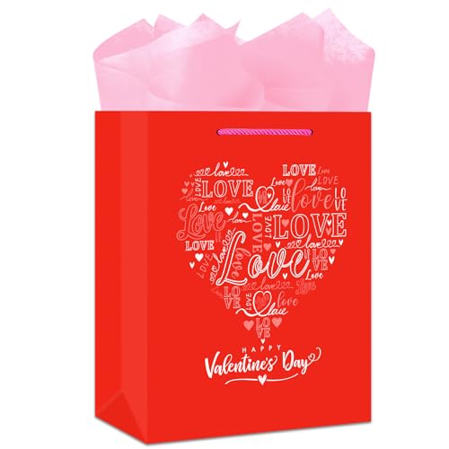 BIZIBAFF Happy Valentines Day Gift Bags - 13" Large Bags with Tissue Paper & Handles - Valentines Paper Gift Bags for Her Him, Girlfriend Boyfriend, Wife Husband, Women Men - Valentine Gifts for Party