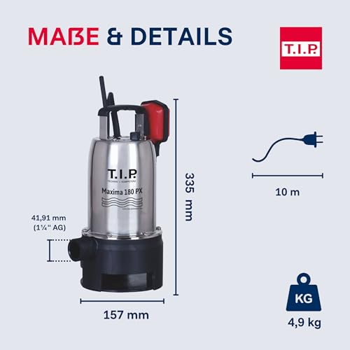 T.I.P. Schmutzwasser Tauchpumpe Edelstahl 180 PX - 10.500 l/h Fördermenge, 7m Eintauchtiefe, 7m Förderhöhe, leistungsstarke Tauchpumpe, robust und langlebig, ideal für Kellerentwässerung 30121