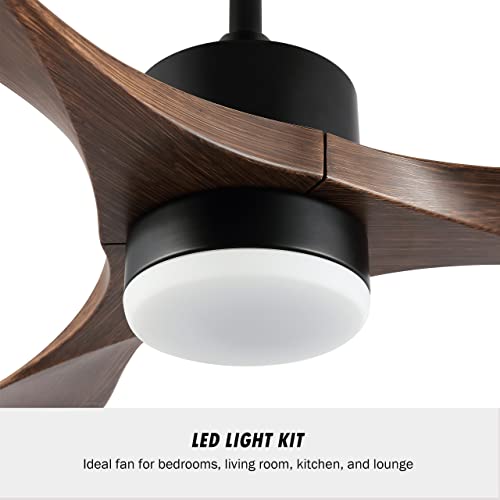 Wingbo 52" Modern Ceiling Fan With Lights And Remote, Black Walnut Ceiling Fan, 3 Curved Blades, Noiseless Reversible Motor, Indoor Led Ceiling Fan For Kitchen Bedroom Living Room, Etl Listed #TOP6