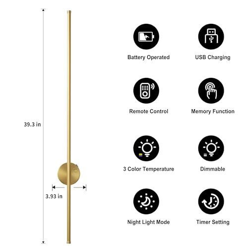 Image of KARTOOSH Brass Battery Operated Wall Sconce Set of Two with Motion Sensor | Rechargeable Wireless Wall Lights with Remote Control, Dimmable, 3000K /4000K /6000K, Timer for Living Room, Hallway,39.3 Inch