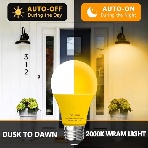 Gonhom Dusk To Dawn Bug Light Bulb Outdoor,2 Pack Amber Bug Light Bulb,Auto On/Off,10W(100W Equivalent),E26 Base,Bug Lights For Outside.Home Hallway Porch Lights.Decorative Lamps.Bedroom thumb #1