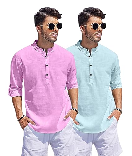 Image of Bellstone Men's Cotton Blend Straight Kurta Shirt Combo with Mandarin Collar - Slim Fit Casual Short Kurti Set Featuring Textured Slub Fabric and Roll-Up Full Sleeves