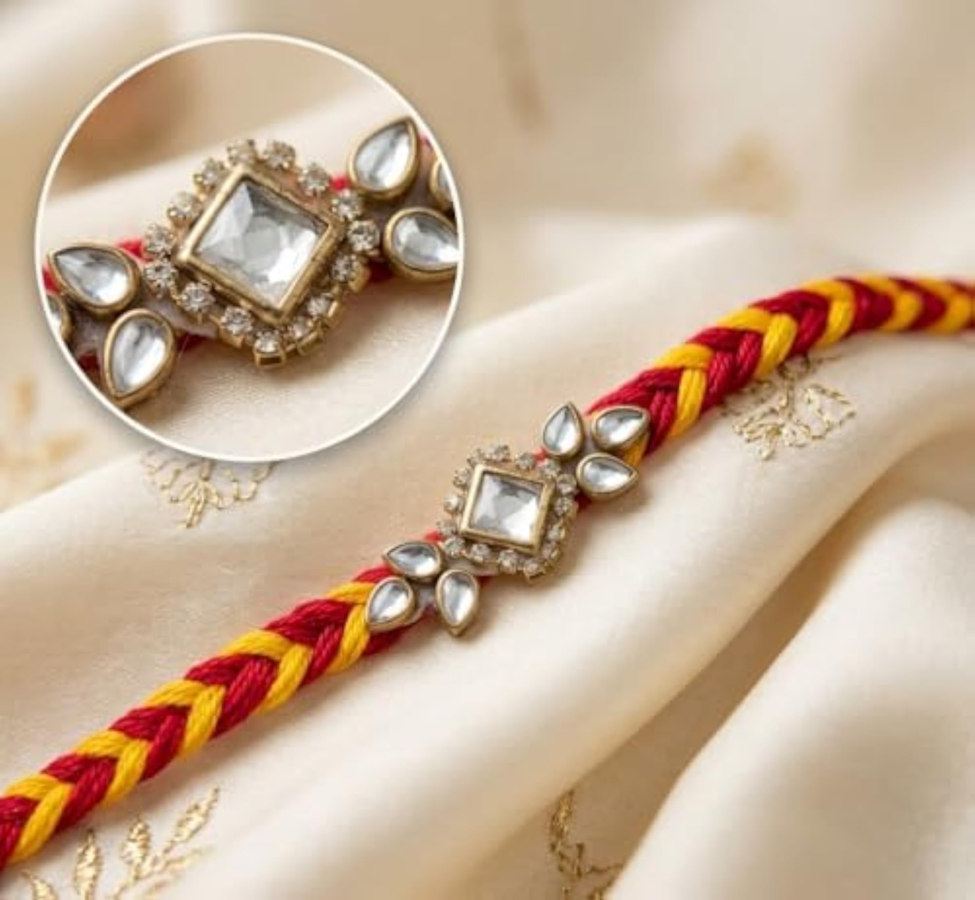 Premium Rakhi Set for Bhaiya, Kundan and Floral Stone Combo