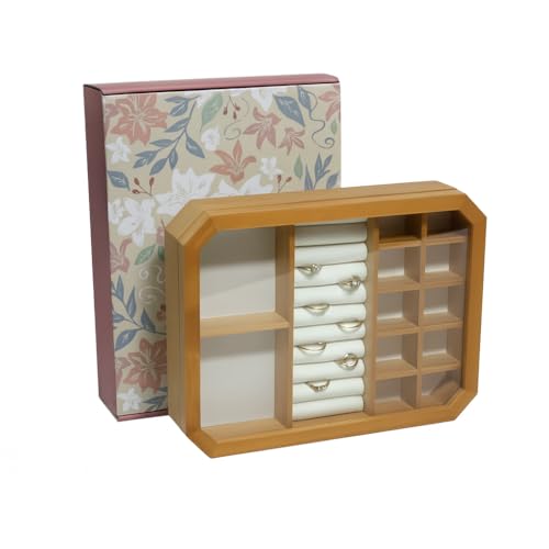 Lexvara Joyero madera con diseño elegante – Joyero mujer de 13 compartimentos con tapa de cristal – Organizador de joyas ideal como regalo